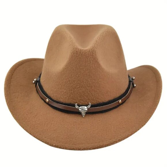 Light Brown Western Cowboy Hat Cowboy Cowgirl Rodeo Style with Bull Skull Accent - Picture 4 of 9